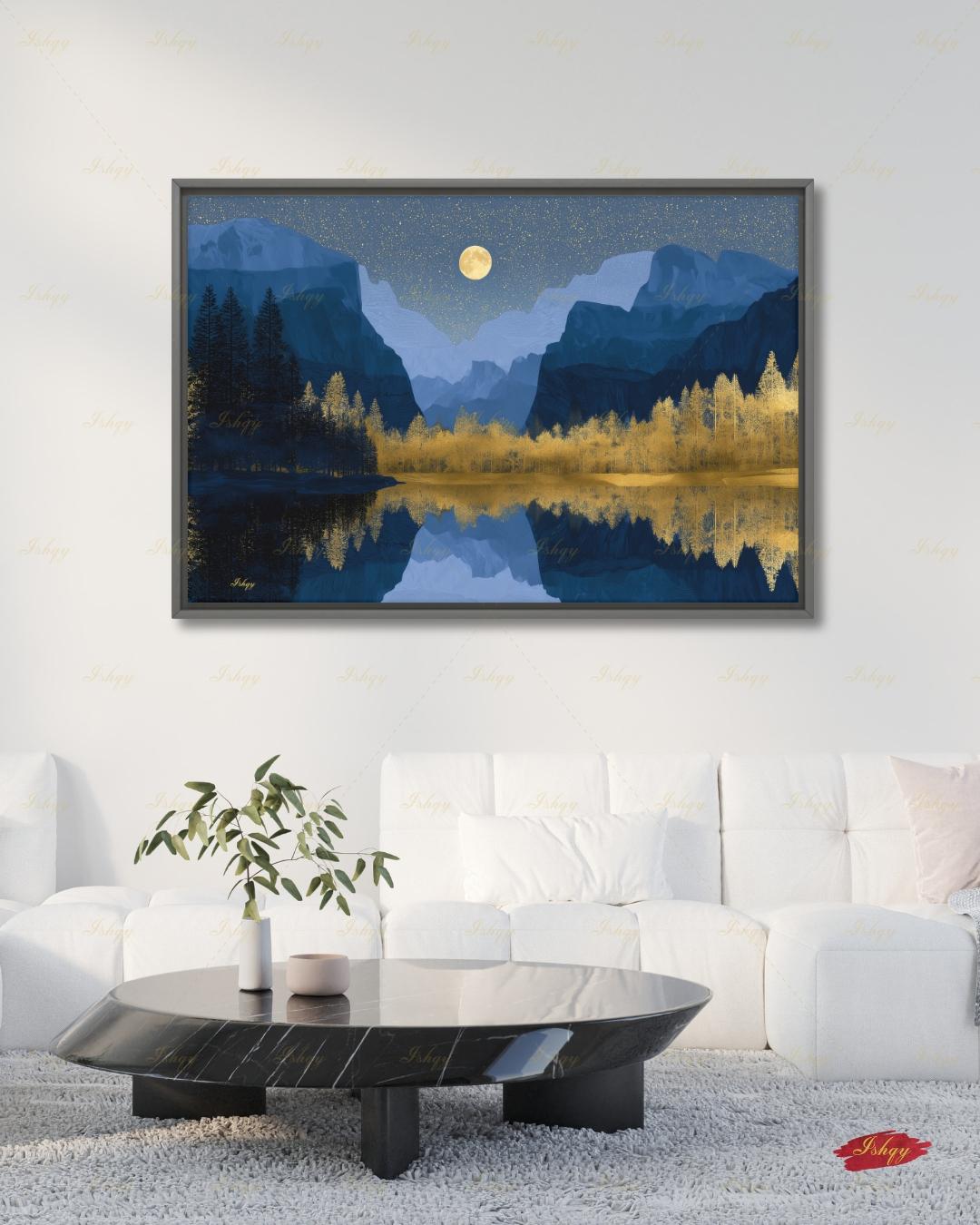 Yosemite National Park Canvas Wall Art, Navy Gold Moon Mountain Framed Canvas Print, Modern Nature Landscape Painting, Living Room Decor