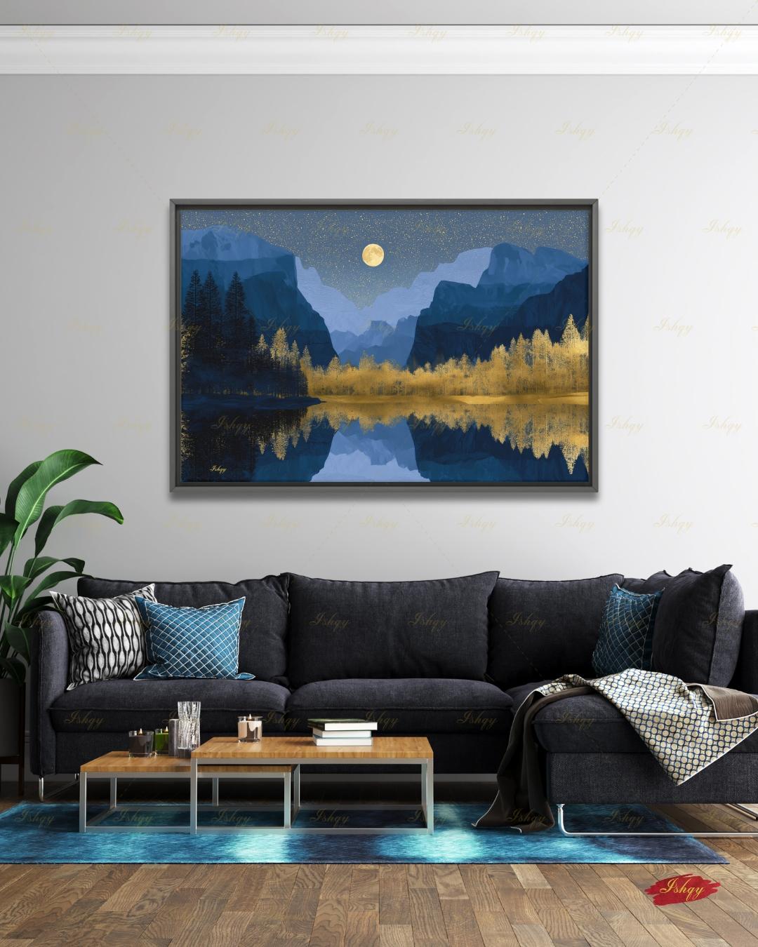 Yosemite National Park Canvas Wall Art, Navy Gold Moon Mountain Framed Canvas Print, Modern Nature Landscape Painting, Living Room Decor
