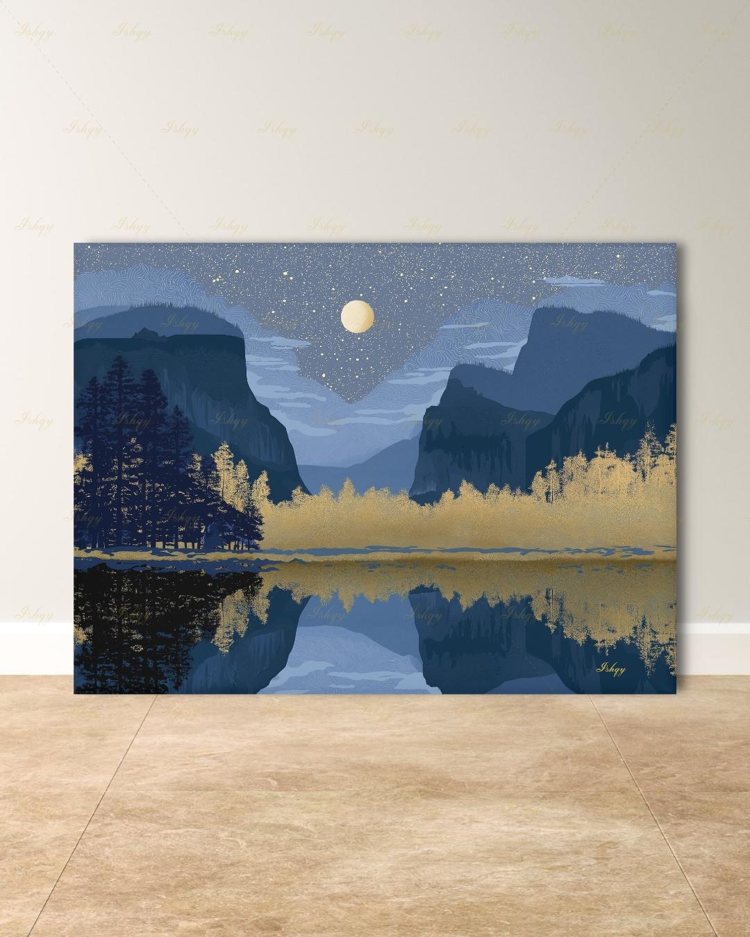 Yosemite Starry Night Canvas Wall Art, Navy Gold Moon Lake Framed Canvas Print, Modern Mountain Reflection Landscape Painting, Living Room Decor