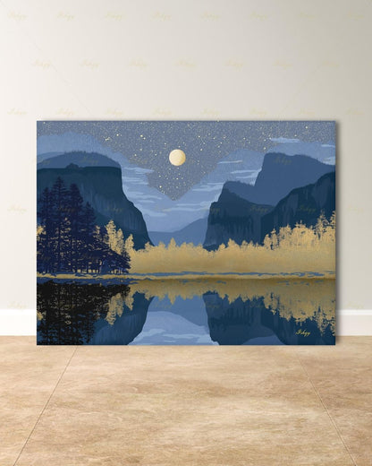 Yosemite Starry Night Canvas Wall Art, Navy Gold Moon Lake Framed Canvas Print, Modern Mountain Reflection Landscape Painting, Living Room Decor