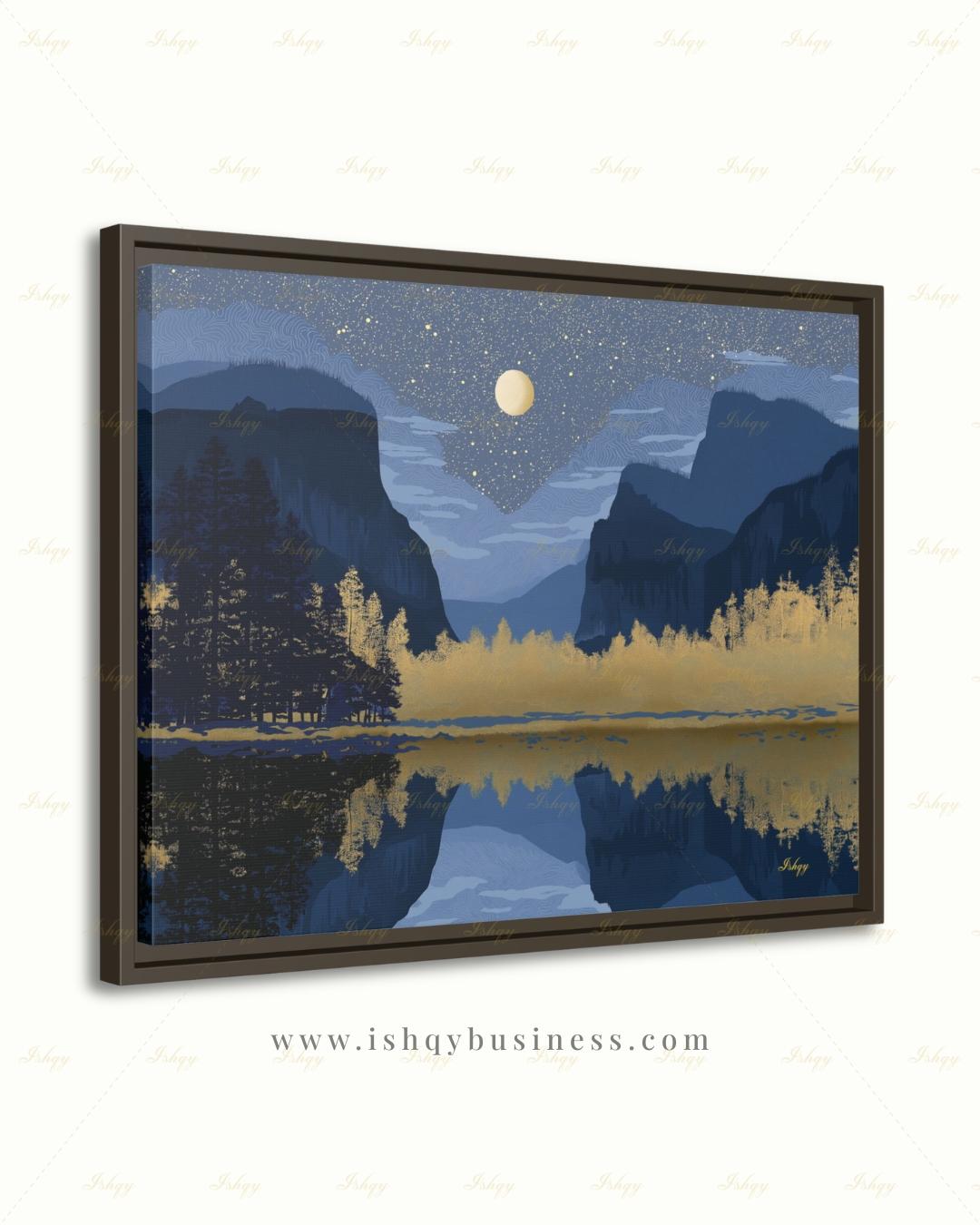 Yosemite Starry Night Canvas Wall Art, Navy Gold Moon Lake Framed Canvas Print, Modern Mountain Reflection Landscape Painting, Living Room Decor