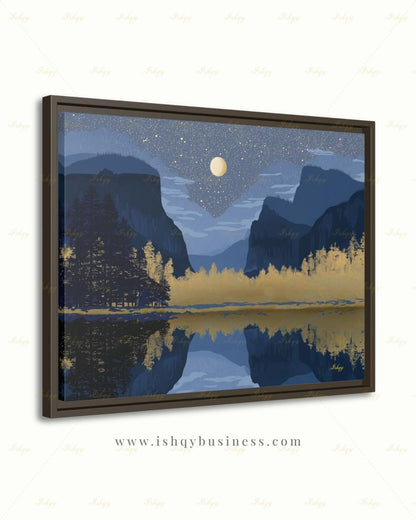 Yosemite Starry Night Canvas Wall Art, Navy Gold Moon Lake Framed Canvas Print, Modern Mountain Reflection Landscape Painting, Living Room Decor