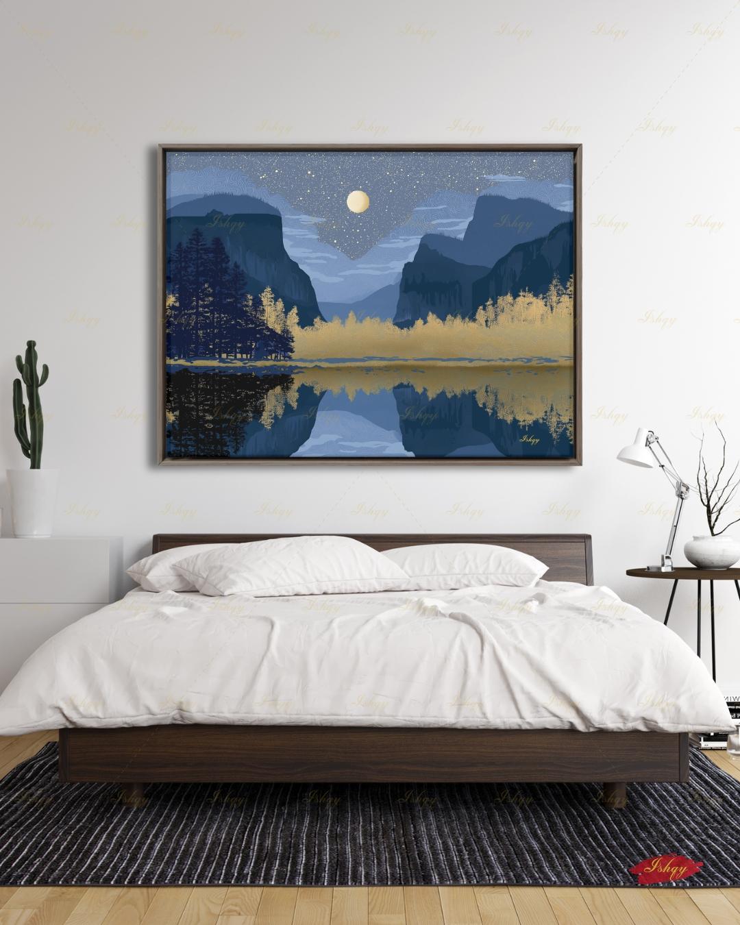 Yosemite Starry Night Canvas Wall Art, Navy Gold Moon Lake Framed Canvas Print, Modern Mountain Reflection Landscape Painting, Living Room Decor