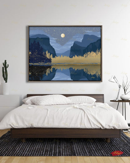Yosemite Starry Night Canvas Wall Art, Navy Gold Moon Lake Framed Canvas Print, Modern Mountain Reflection Landscape Painting, Living Room Decor
