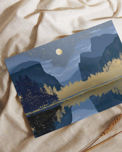 Yosemite Starry Night Canvas Wall Art, Navy Gold Moon Lake Framed Canvas Print, Modern Mountain Reflection Landscape Painting, Living Room Decor