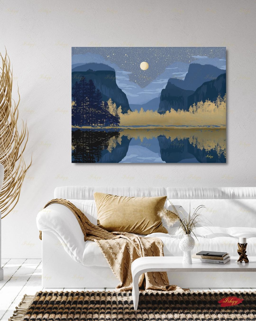 Yosemite Starry Night Canvas Wall Art, Navy Gold Moon Lake Framed Canvas Print, Modern Mountain Reflection Landscape Painting, Living Room Decor
