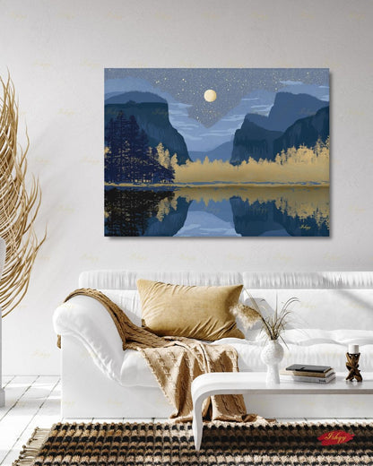Yosemite Starry Night Canvas Wall Art, Navy Gold Moon Lake Framed Canvas Print, Modern Mountain Reflection Landscape Painting, Living Room Decor