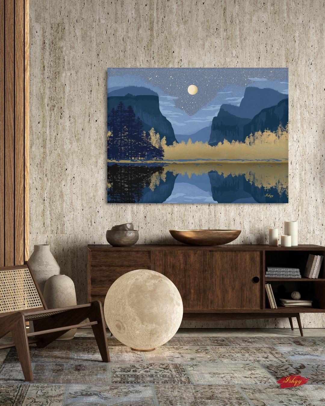 Yosemite Starry Night Canvas Wall Art, Navy Gold Moon Lake Framed Canvas Print, Modern Mountain Reflection Landscape Painting, Living Room Decor