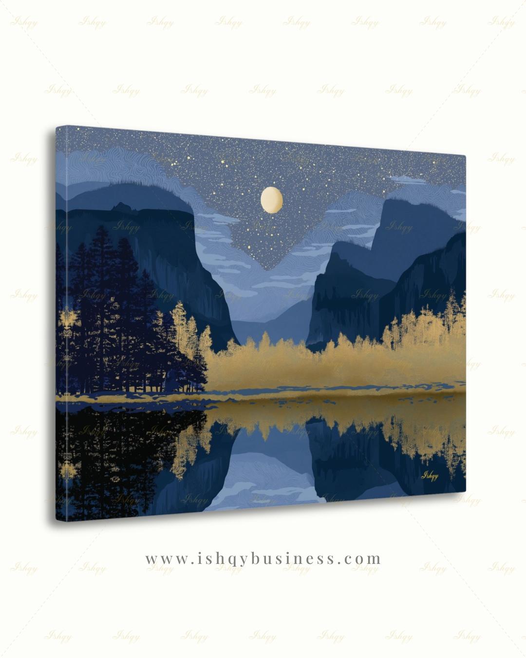 Yosemite Starry Night Canvas Wall Art, Navy Gold Moon Lake Framed Canvas Print, Modern Mountain Reflection Landscape Painting, Living Room Decor