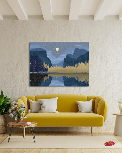 Yosemite Starry Night Canvas Wall Art, Navy Gold Moon Lake Framed Canvas Print, Modern Mountain Reflection Landscape Painting, Living Room Decor
