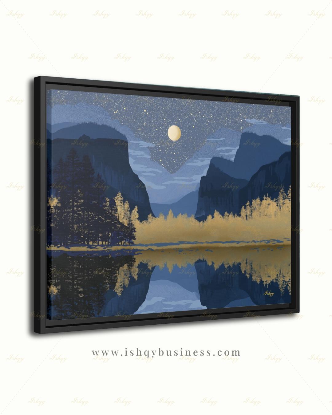 Yosemite Starry Night Canvas Wall Art, Navy Gold Moon Lake Framed Canvas Print, Modern Mountain Reflection Landscape Painting, Living Room Decor