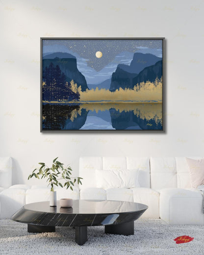 Yosemite Starry Night Canvas Wall Art, Navy Gold Moon Lake Framed Canvas Print, Modern Mountain Reflection Landscape Painting, Living Room Decor