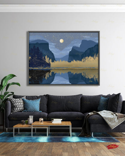 Yosemite Starry Night Canvas Wall Art, Navy Gold Moon Lake Framed Canvas Print, Modern Mountain Reflection Landscape Painting, Living Room Decor