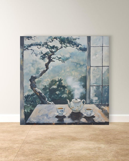 Japanese Tea Ceremony Painting, Zen Teapot and Teacups Wall Art, Tranquil Nature View Canvas for Kitchen, Dining Room, or Living Room Decor