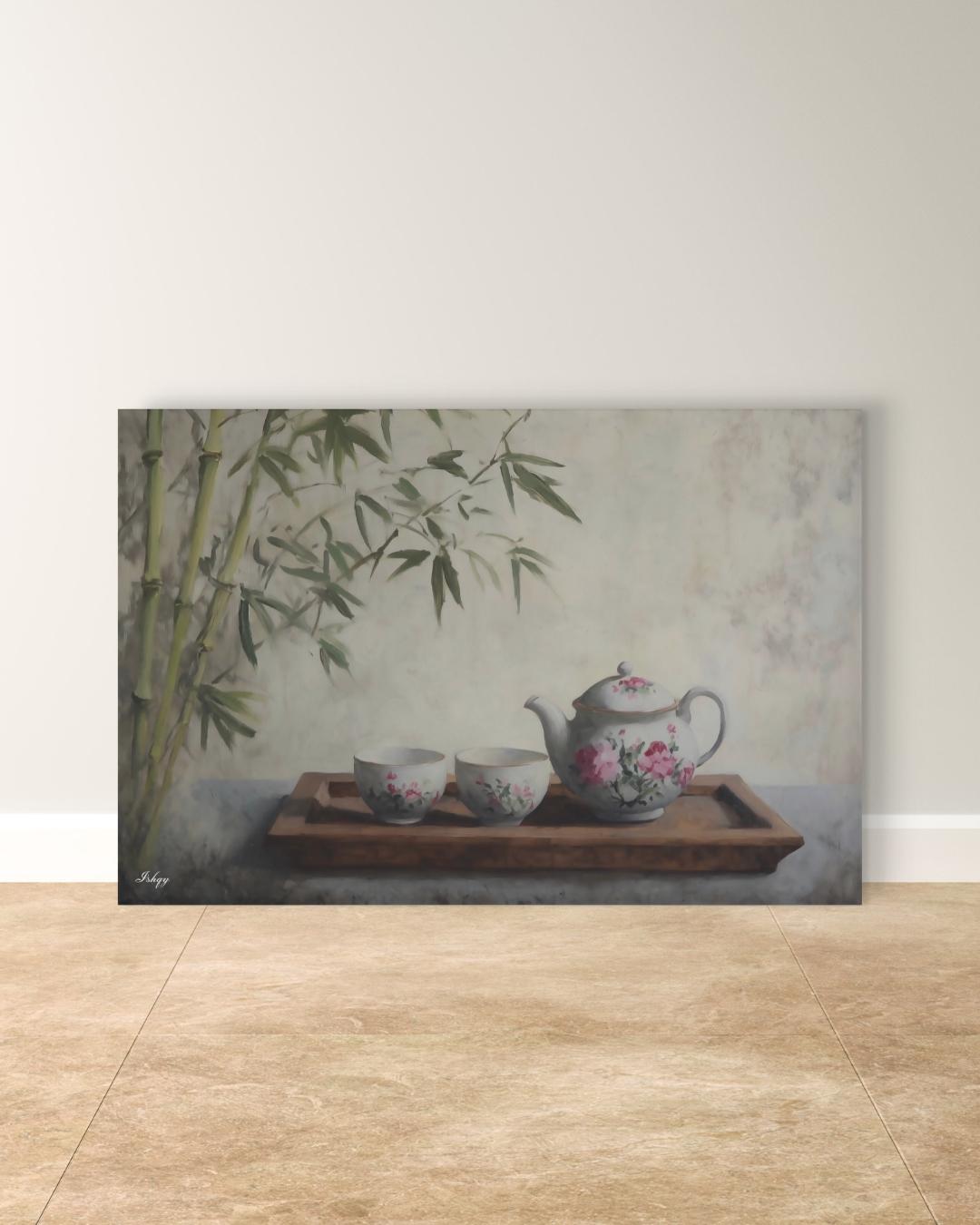 Bamboo Tea Ceremony Still Life Oil Painting Print, Asian Zen Wall Art, Floral Teapot Art Print, Tranquil Kitchen Decor Oriental Home Canvas
