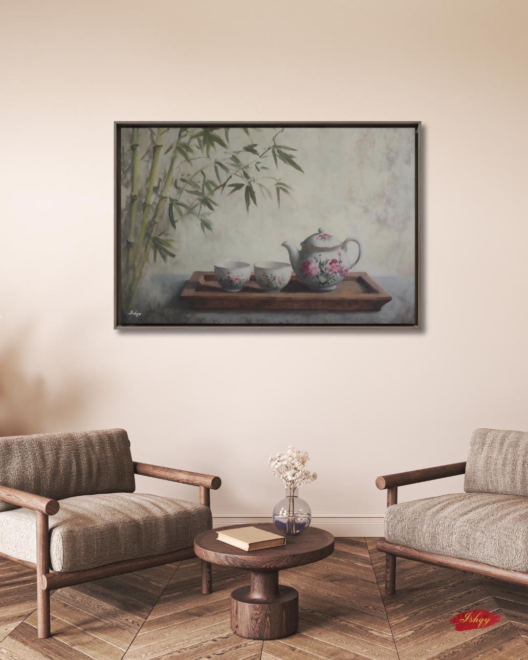 Bamboo Tea Ceremony Still Life Oil Painting Print, Asian Zen Wall Art, Floral Teapot Art Print, Tranquil Kitchen Decor Oriental Home Canvas