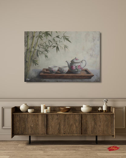Bamboo Tea Ceremony Still Life Oil Painting Print, Asian Zen Wall Art, Floral Teapot Art Print, Tranquil Kitchen Decor Oriental Home Canvas
