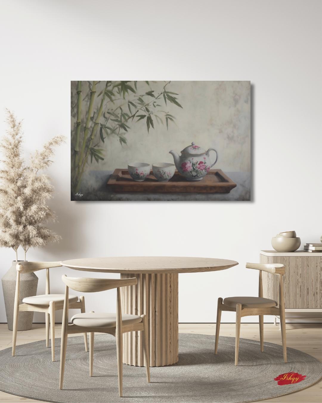 Bamboo Tea Ceremony Still Life Oil Painting Print, Asian Zen Wall Art, Floral Teapot Art Print, Tranquil Kitchen Decor Oriental Home Canvas