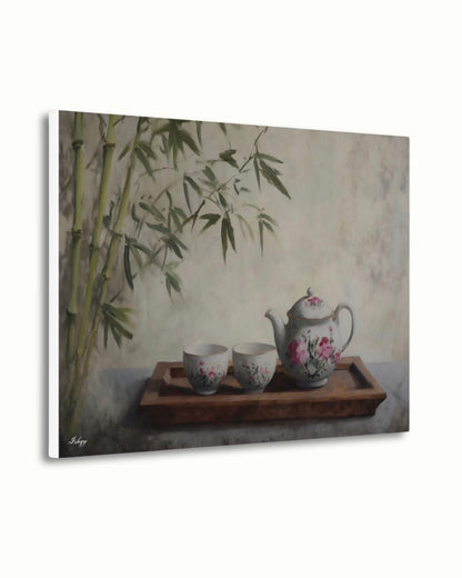 Bamboo Tea Ceremony Still Life Oil Painting Print, Asian Zen Wall Art, Floral Teapot Art Print, Tranquil Kitchen Decor Oriental Home Canvas