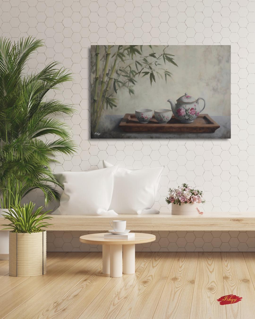 Bamboo Tea Ceremony Still Life Oil Painting Print, Asian Zen Wall Art, Floral Teapot Art Print, Tranquil Kitchen Decor Oriental Home Canvas