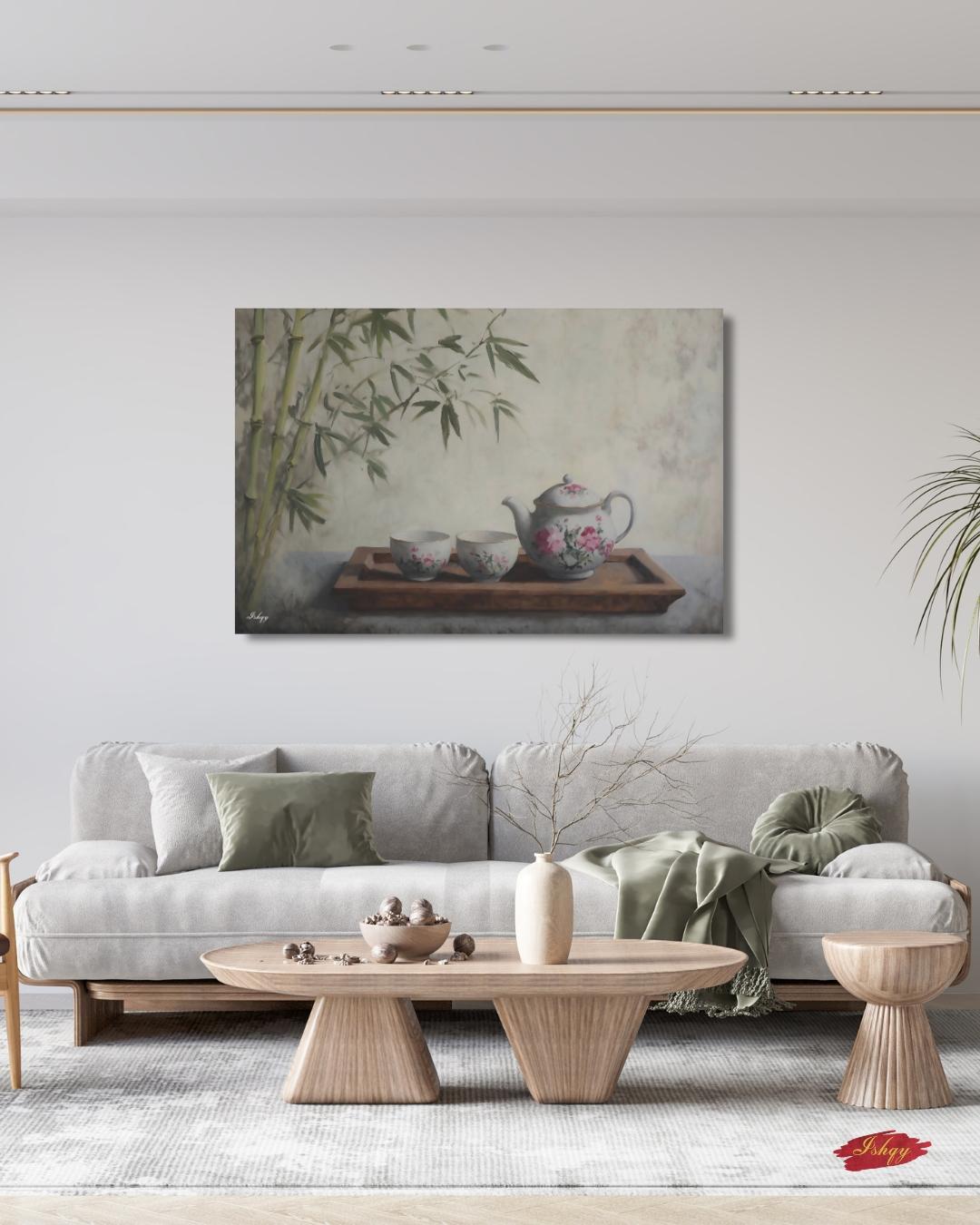 Bamboo Tea Ceremony Still Life Oil Painting Print, Asian Zen Wall Art, Floral Teapot Art Print, Tranquil Kitchen Decor Oriental Home Canvas