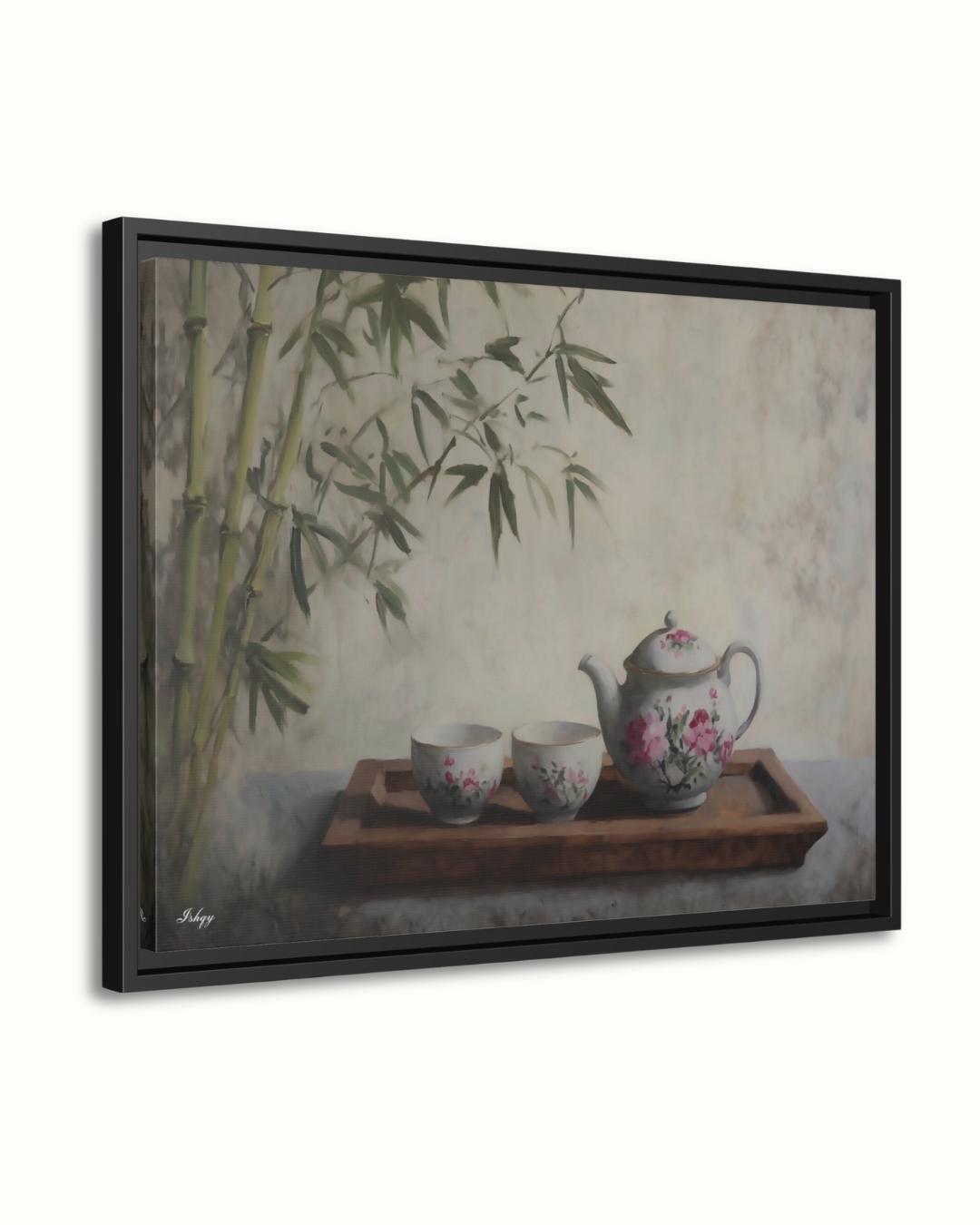 Bamboo Tea Ceremony Still Life Oil Painting Print, Asian Zen Wall Art, Floral Teapot Art Print, Tranquil Kitchen Decor Oriental Home Canvas