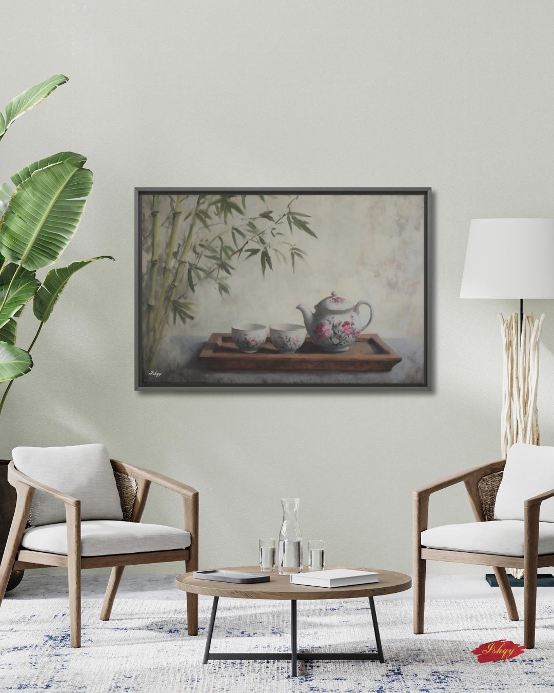 Bamboo Tea Ceremony Still Life Oil Painting Print, Asian Zen Wall Art, Floral Teapot Art Print, Tranquil Kitchen Decor Oriental Home Canvas