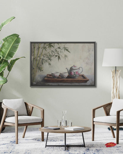 Bamboo Tea Ceremony Still Life Oil Painting Print, Asian Zen Wall Art, Floral Teapot Art Print, Tranquil Kitchen Decor Oriental Home Canvas