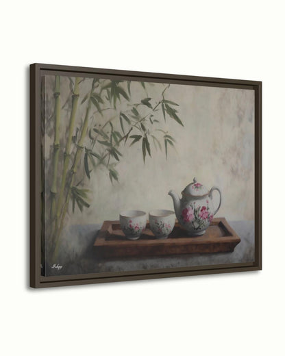 Bamboo Tea Ceremony Still Life Oil Painting Print, Asian Zen Wall Art, Floral Teapot Art Print, Tranquil Kitchen Decor Oriental Home Canvas