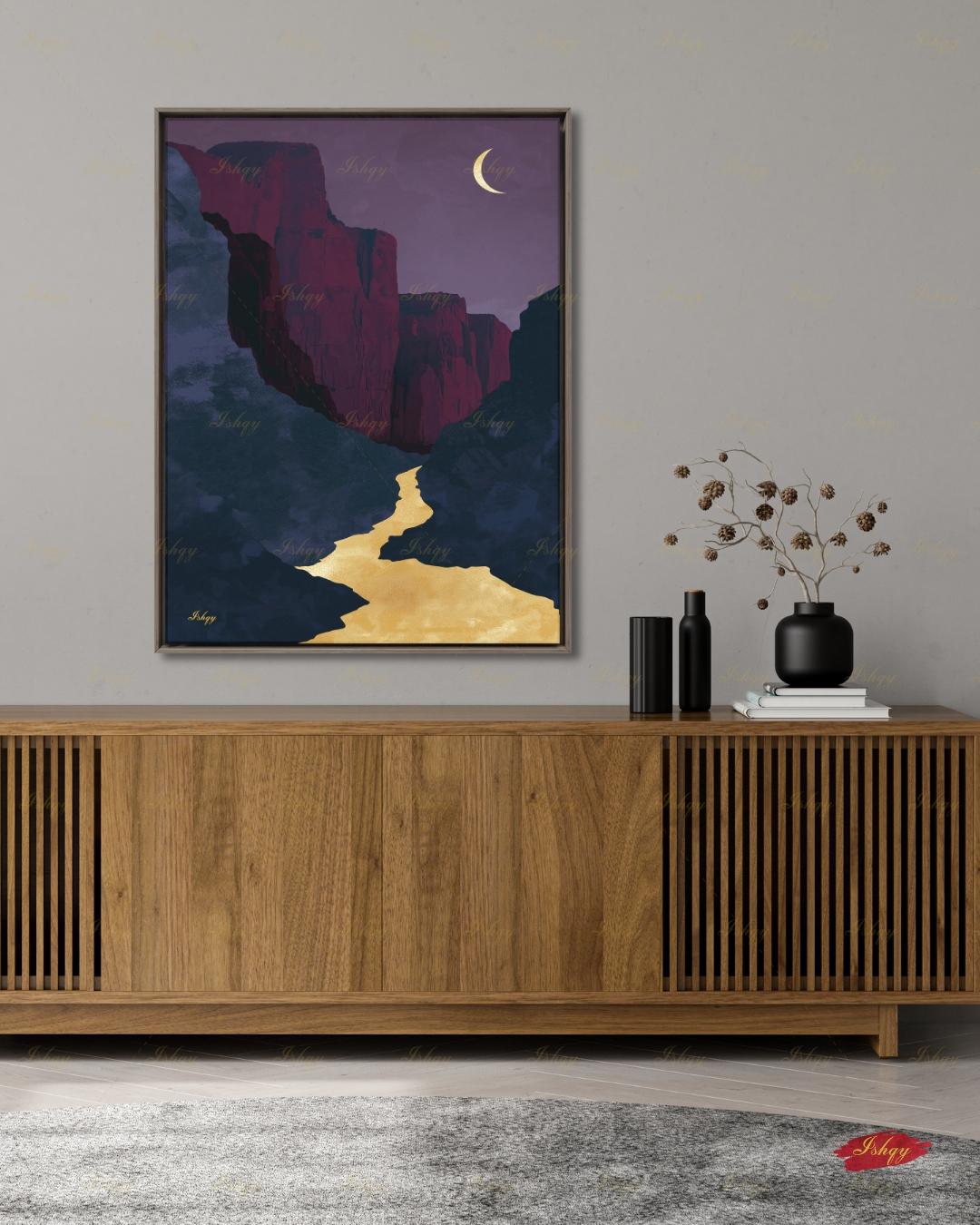 Zion Canyon River Canvas Wall Art, Magenta Gold Crescent Moon Framed Canvas Print, Modern Minimalist Utah Landscape Painting, Living Room Decor. Zion wall art, Zion print, national park print, Utah wall art, canvas wall art, art print, framed canvas print, southwest decor, magenta gold decor, crescent moon art, modern landscape, living room decor, nature lover gift