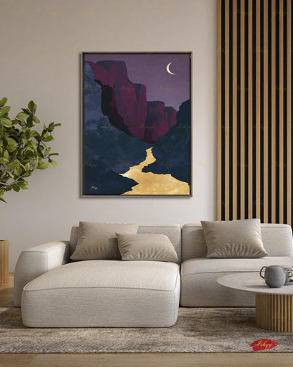 Zion Canyon River Canvas Wall Art, Magenta Gold Crescent Moon Framed Canvas Print, Modern Minimalist Utah Landscape Painting, Living Room Decor. Zion wall art, Zion print, national park print, Utah wall art, canvas wall art, art print, framed canvas print, southwest decor, magenta gold decor, crescent moon art, modern landscape, living room decor, nature lover gift