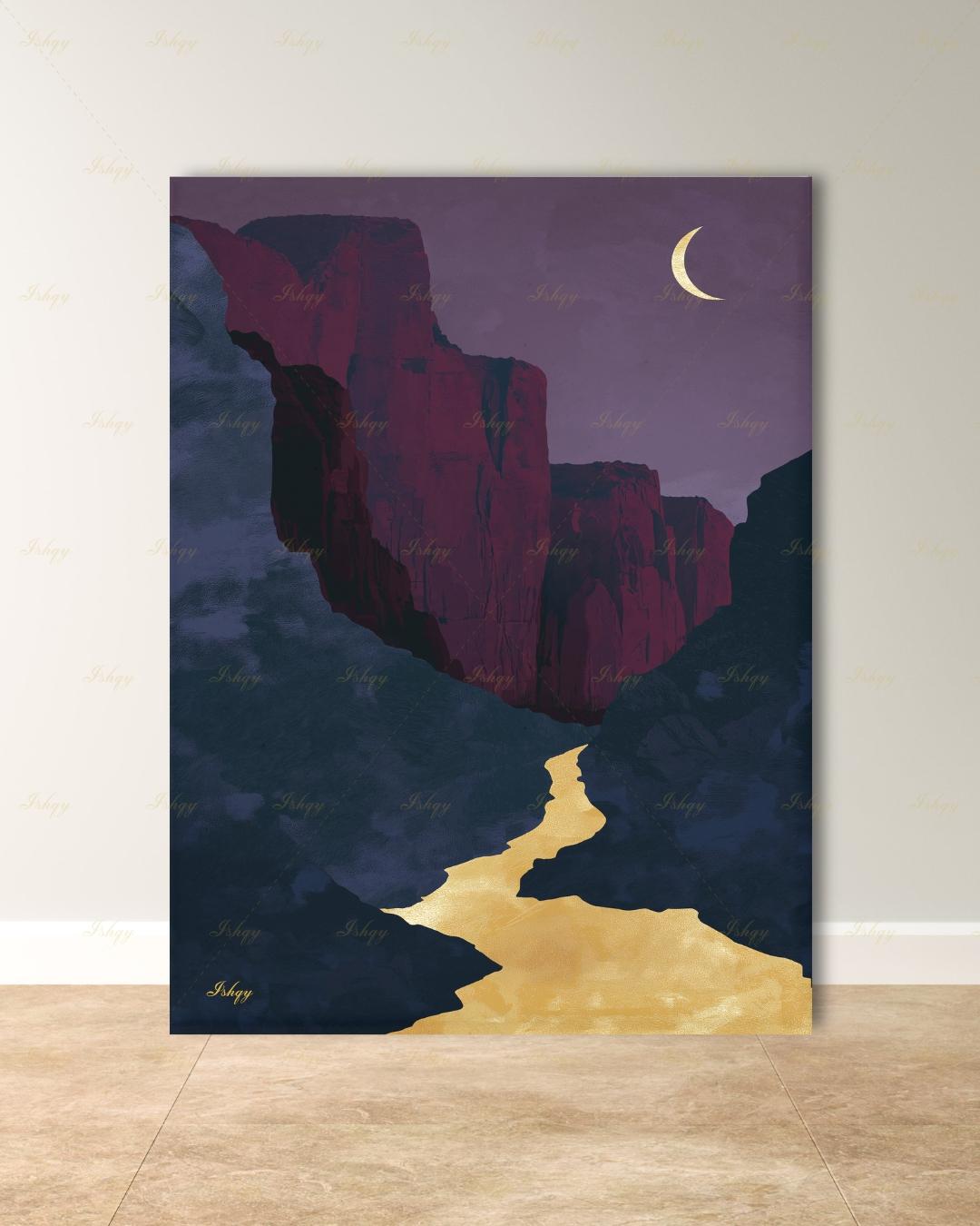 Zion Canyon River Canvas Wall Art, Magenta Gold Crescent Moon Framed Canvas Print, Modern Minimalist Utah Landscape Painting, Living Room Decor. Zion wall art, Zion print, national park print, Utah wall art, canvas wall art, art print, framed canvas print, southwest decor, magenta gold decor, crescent moon art, modern landscape, living room decor, nature lover gift
