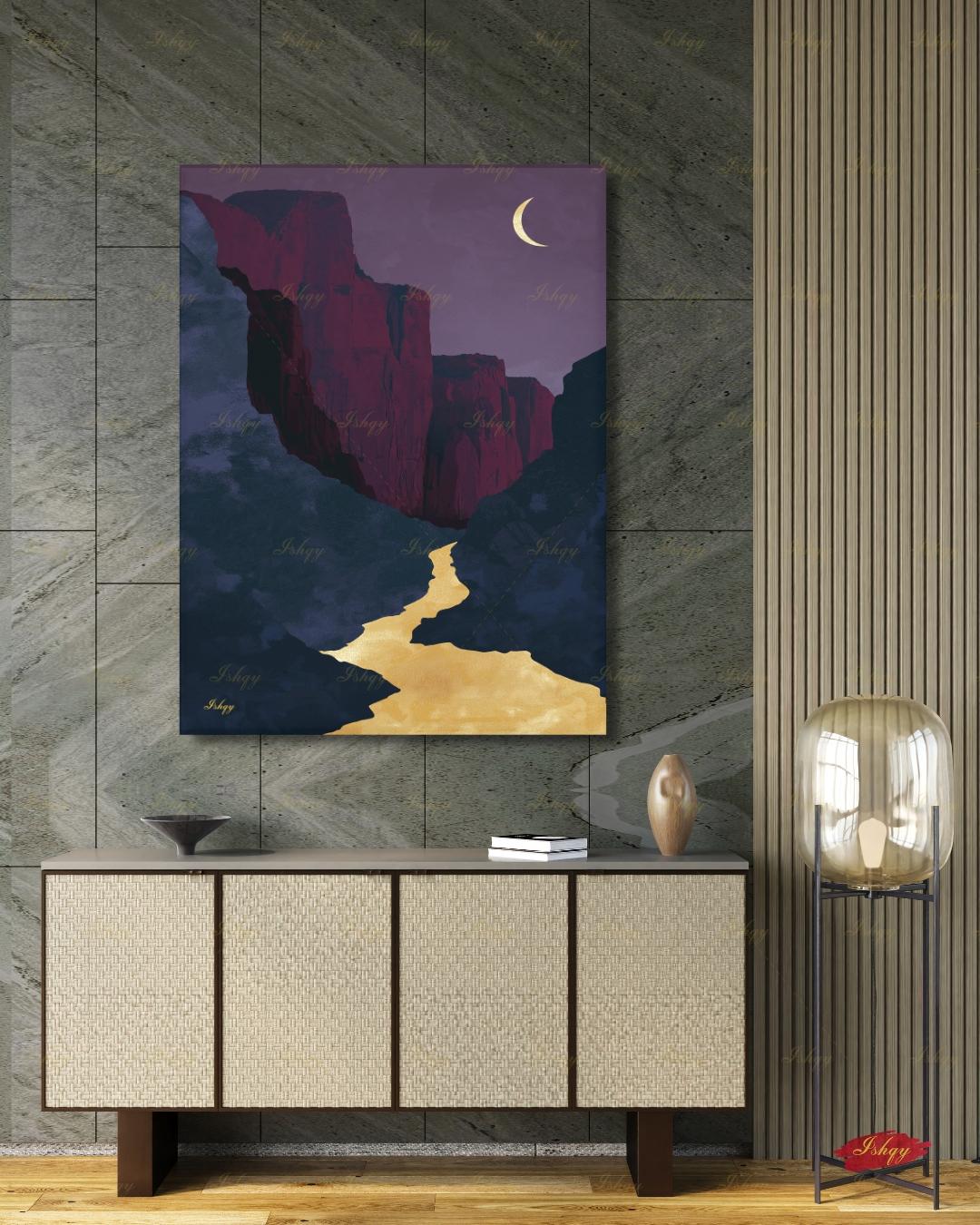 Zion Canyon River Canvas Wall Art, Magenta Gold Crescent Moon Framed Canvas Print, Modern Minimalist Utah Landscape Painting, Living Room Decor. Zion wall art, Zion print, national park print, Utah wall art, canvas wall art, art print, framed canvas print, southwest decor, magenta gold decor, crescent moon art, modern landscape, living room decor, nature lover gift