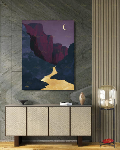Zion Canyon River Canvas Wall Art, Magenta Gold Crescent Moon Framed Canvas Print, Modern Minimalist Utah Landscape Painting, Living Room Decor. Zion wall art, Zion print, national park print, Utah wall art, canvas wall art, art print, framed canvas print, southwest decor, magenta gold decor, crescent moon art, modern landscape, living room decor, nature lover gift