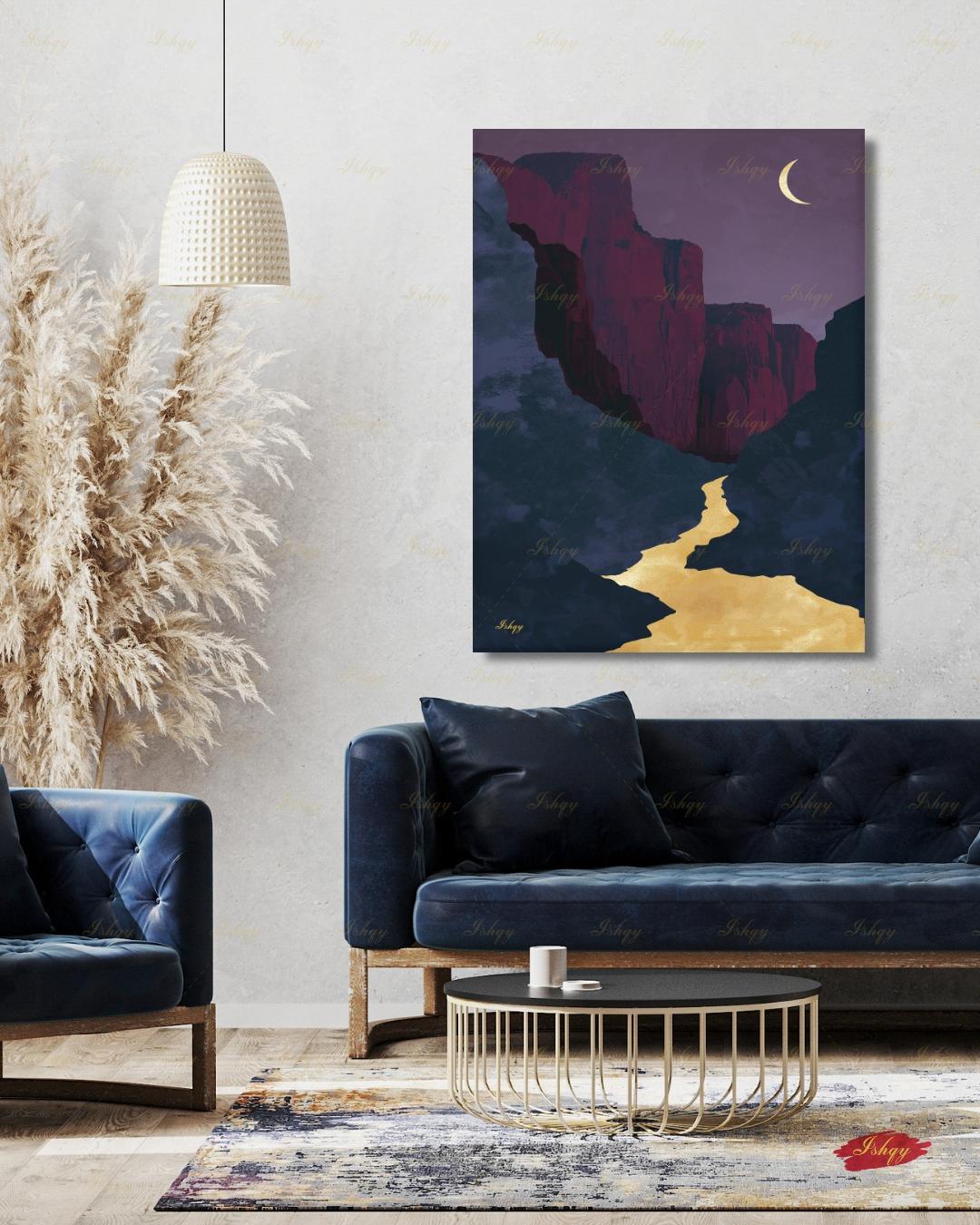 Zion Canyon River Canvas Wall Art, Magenta Gold Crescent Moon Framed Canvas Print, Modern Minimalist Utah Landscape Painting, Living Room Decor. Zion wall art, Zion print, national park print, Utah wall art, canvas wall art, art print, framed canvas print, southwest decor, magenta gold decor, crescent moon art, modern landscape, living room decor, nature lover gift