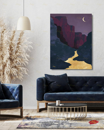 Zion Canyon River Canvas Wall Art, Magenta Gold Crescent Moon Framed Canvas Print, Modern Minimalist Utah Landscape Painting, Living Room Decor. Zion wall art, Zion print, national park print, Utah wall art, canvas wall art, art print, framed canvas print, southwest decor, magenta gold decor, crescent moon art, modern landscape, living room decor, nature lover gift