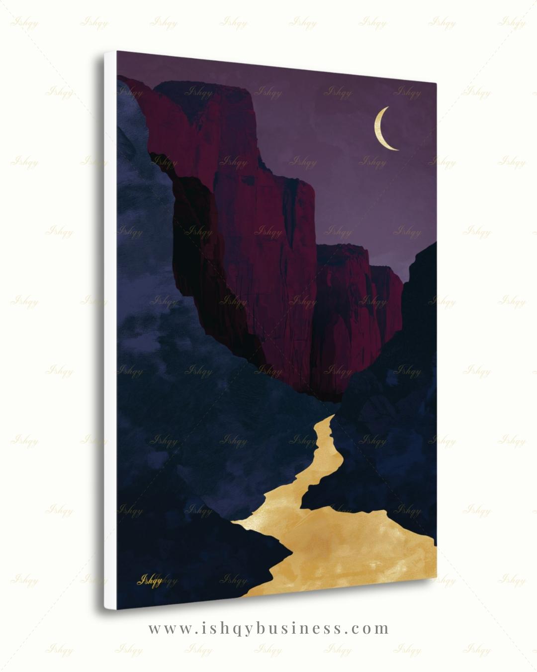 Zion Canyon River Canvas Wall Art, Magenta Gold Crescent Moon Framed Canvas Print, Modern Minimalist Utah Landscape Painting, Living Room Decor. Zion wall art, Zion print, national park print, Utah wall art, canvas wall art, art print, framed canvas print, southwest decor, magenta gold decor, crescent moon art, modern landscape, living room decor, nature lover gift