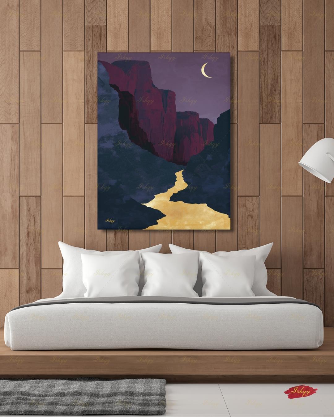 Zion Canyon River Canvas Wall Art, Magenta Gold Crescent Moon Framed Canvas Print, Modern Minimalist Utah Landscape Painting, Living Room Decor. Zion wall art, Zion print, national park print, Utah wall art, canvas wall art, art print, framed canvas print, southwest decor, magenta gold decor, crescent moon art, modern landscape, living room decor, nature lover gift