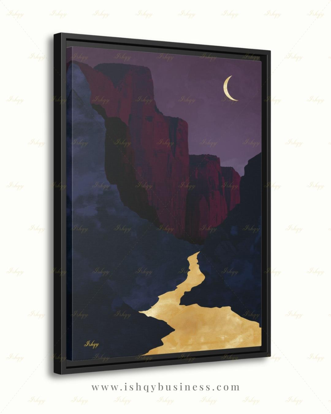 Zion Canyon River Canvas Wall Art, Magenta Gold Crescent Moon Framed Canvas Print, Modern Minimalist Utah Landscape Painting, Living Room Decor. Zion wall art, Zion print, national park print, Utah wall art, canvas wall art, art print, framed canvas print, southwest decor, magenta gold decor, crescent moon art, modern landscape, living room decor, nature lover gift