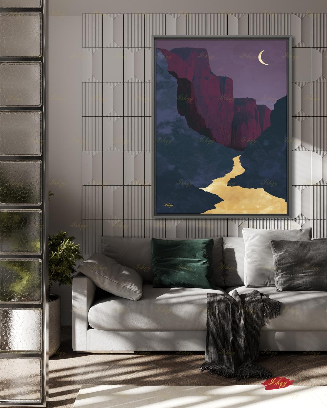 Zion Canyon River Canvas Wall Art, Magenta Gold Crescent Moon Framed Canvas Print, Modern Minimalist Utah Landscape Painting, Living Room Decor. Zion wall art, Zion print, national park print, Utah wall art, canvas wall art, art print, framed canvas print, southwest decor, magenta gold decor, crescent moon art, modern landscape, living room decor, nature lover gift