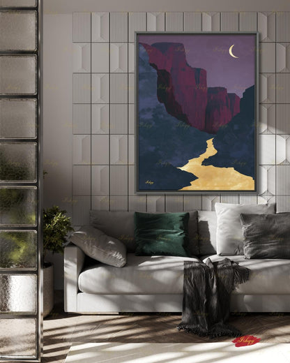 Zion Canyon River Canvas Wall Art, Magenta Gold Crescent Moon Framed Canvas Print, Modern Minimalist Utah Landscape Painting, Living Room Decor. Zion wall art, Zion print, national park print, Utah wall art, canvas wall art, art print, framed canvas print, southwest decor, magenta gold decor, crescent moon art, modern landscape, living room decor, nature lover gift