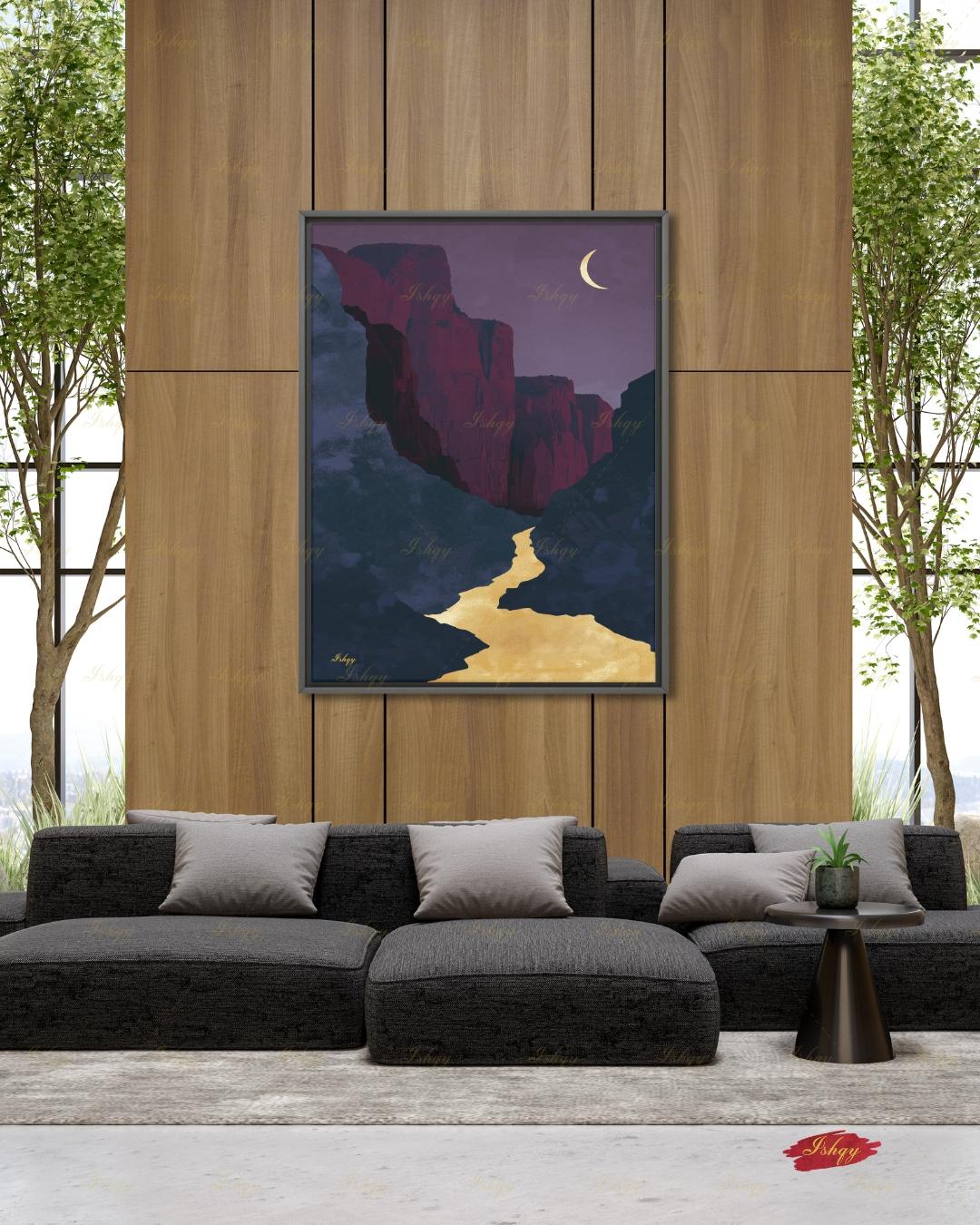 Zion Canyon River Canvas Wall Art, Magenta Gold Crescent Moon Framed Canvas Print, Modern Minimalist Utah Landscape Painting, Living Room Decor. Zion wall art, Zion print, national park print, Utah wall art, canvas wall art, art print, framed canvas print, southwest decor, magenta gold decor, crescent moon art, modern landscape, living room decor, nature lover gift