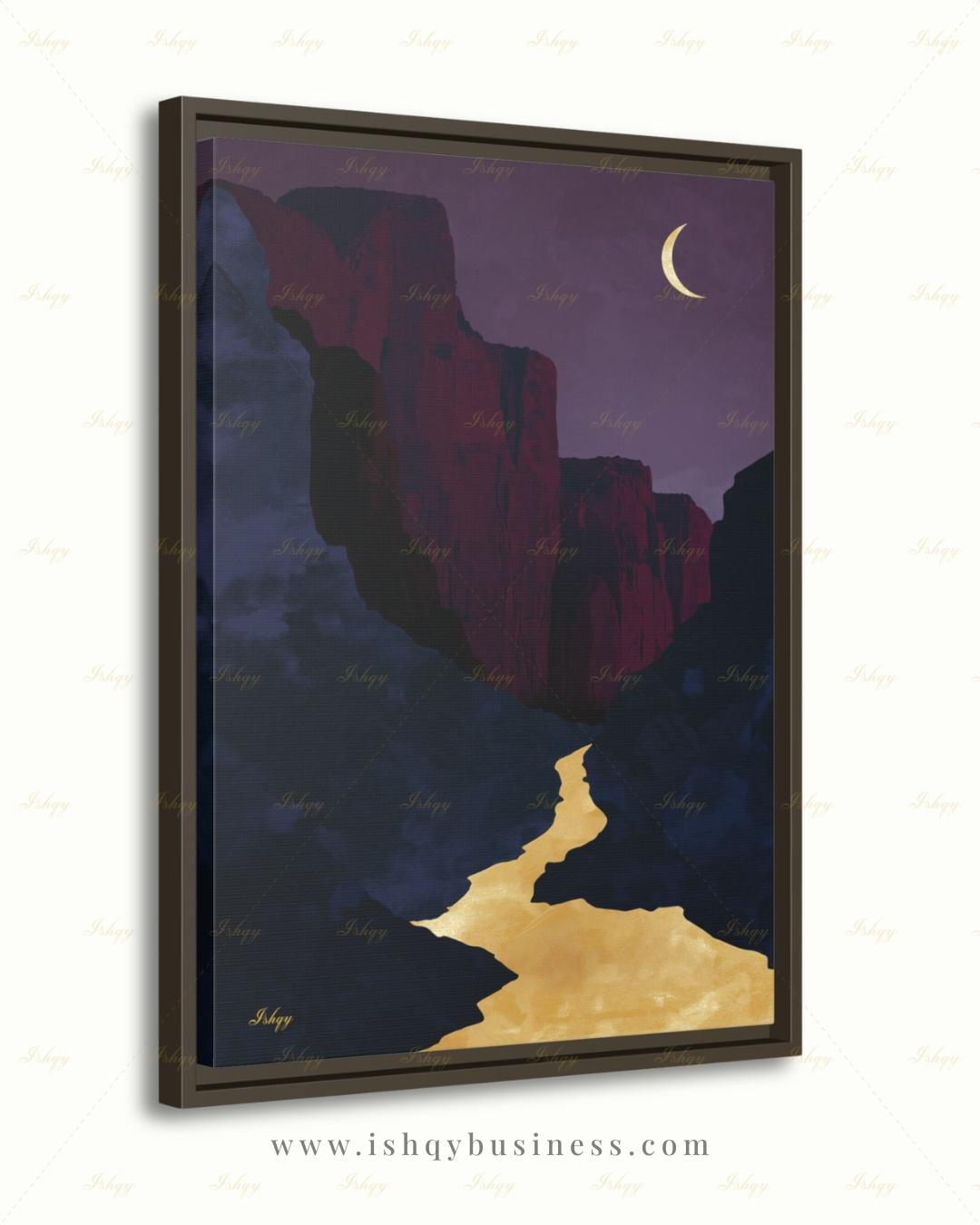Zion Canyon River Canvas Wall Art, Magenta Gold Crescent Moon Framed Canvas Print, Modern Minimalist Utah Landscape Painting, Living Room Decor. Zion wall art, Zion print, national park print, Utah wall art, canvas wall art, art print, framed canvas print, southwest decor, magenta gold decor, crescent moon art, modern landscape, living room decor, nature lover gift
