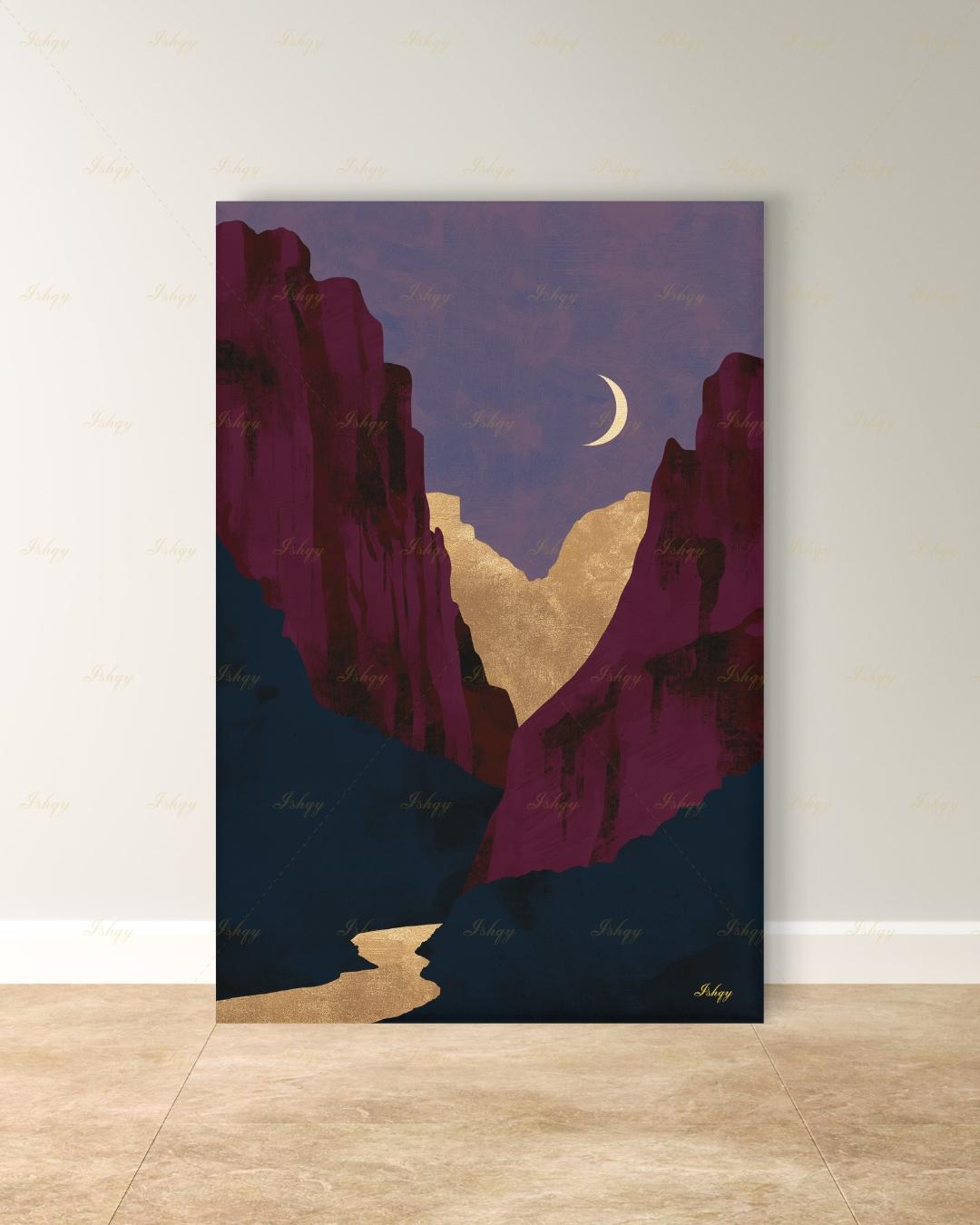 Zion National Park Canvas Wall Art, Magenta Gold Moon Canyon Framed Canvas Print, Modern Minimalist Desert Landscape Painting, Living Room Decor. Zion wall art, Zion print, national park print, Utah wall art, canvas wall art, art print, framed canvas print, southwest decor, magenta gold decor, modern landscape, crescent moon art, living room decor, nature lover gift