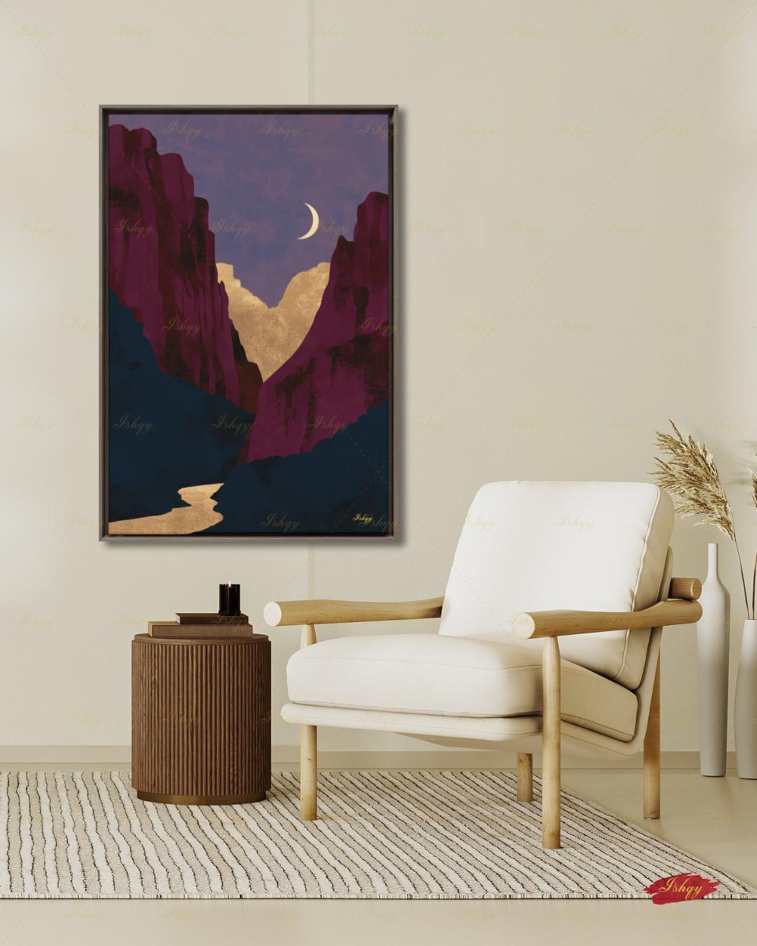 Zion National Park Canvas Wall Art, Magenta Gold Moon Canyon Framed Canvas Print, Modern Minimalist Desert Landscape Painting, Living Room Decor. Zion wall art, Zion print, national park print, Utah wall art, canvas wall art, art print, framed canvas print, southwest decor, magenta gold decor, modern landscape, crescent moon art, living room decor, nature lover gift