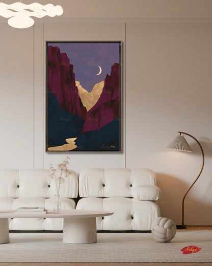 Zion National Park Canvas Wall Art, Magenta Gold Moon Canyon Framed Canvas Print, Modern Minimalist Desert Landscape Painting, Living Room Decor. Zion wall art, Zion print, national park print, Utah wall art, canvas wall art, art print, framed canvas print, southwest decor, magenta gold decor, modern landscape, crescent moon art, living room decor, nature lover gift