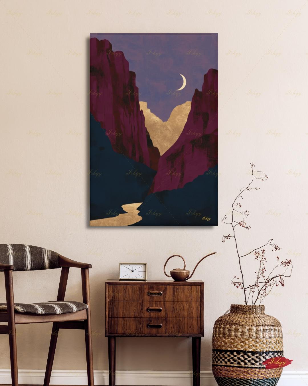 Zion National Park Canvas Wall Art, Magenta Gold Moon Canyon Framed Canvas Print, Modern Minimalist Desert Landscape Painting, Living Room Decor. Zion wall art, Zion print, national park print, Utah wall art, canvas wall art, art print, framed canvas print, southwest decor, magenta gold decor, modern landscape, crescent moon art, living room decor, nature lover gift