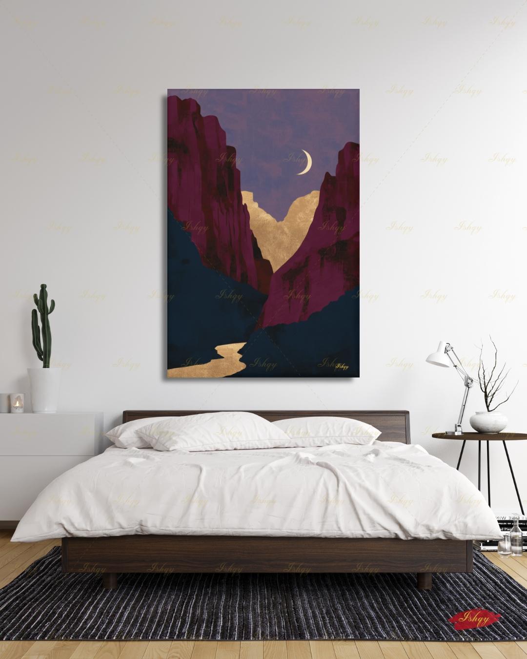 Zion National Park Canvas Wall Art, Magenta Gold Moon Canyon Framed Canvas Print, Modern Minimalist Desert Landscape Painting, Living Room Decor. Zion wall art, Zion print, national park print, Utah wall art, canvas wall art, art print, framed canvas print, southwest decor, magenta gold decor, modern landscape, crescent moon art, living room decor, nature lover gift