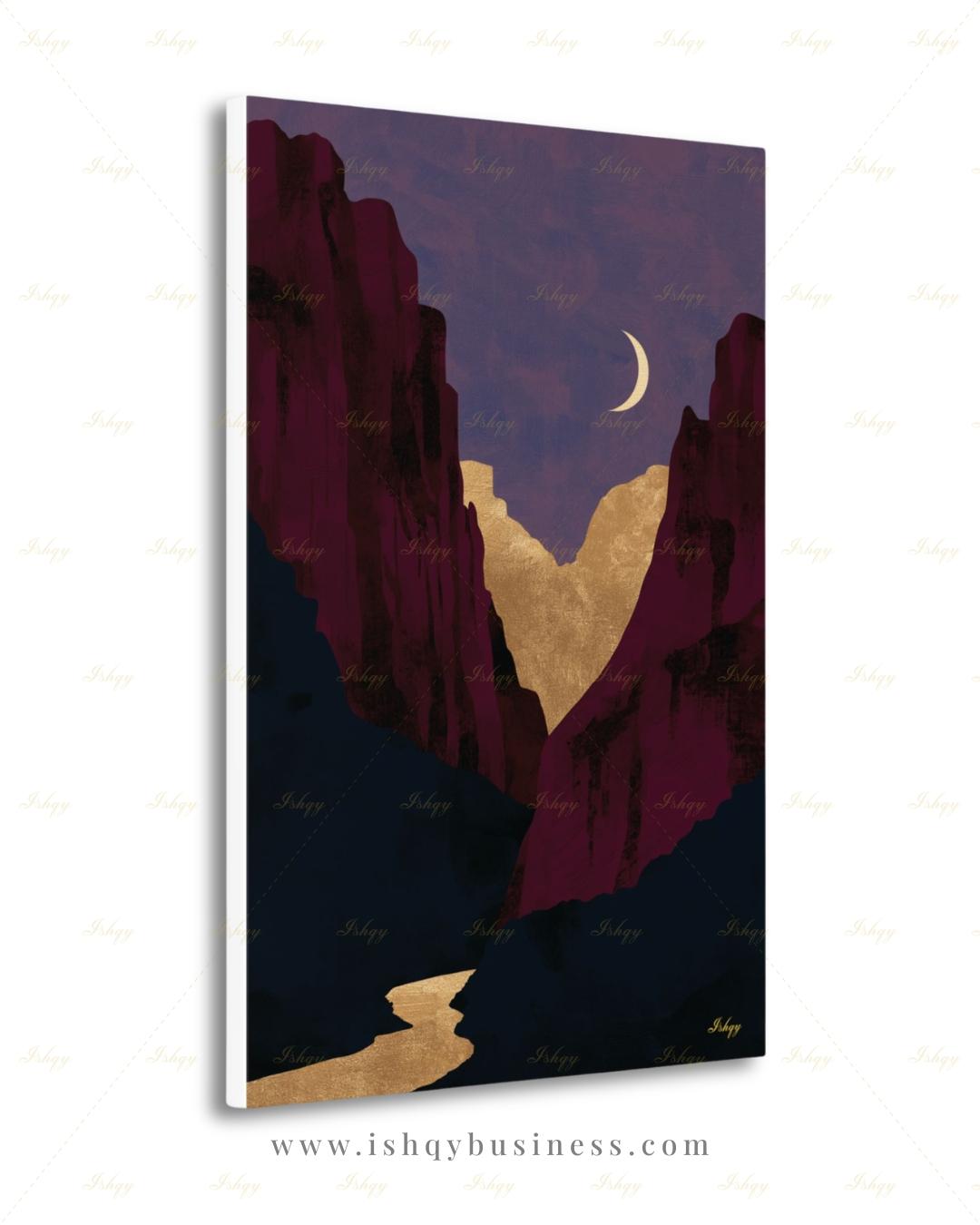 Zion National Park Canvas Wall Art, Magenta Gold Moon Canyon Framed Canvas Print, Modern Minimalist Desert Landscape Painting, Living Room Decor. Zion wall art, Zion print, national park print, Utah wall art, canvas wall art, art print, framed canvas print, southwest decor, magenta gold decor, modern landscape, crescent moon art, living room decor, nature lover gift