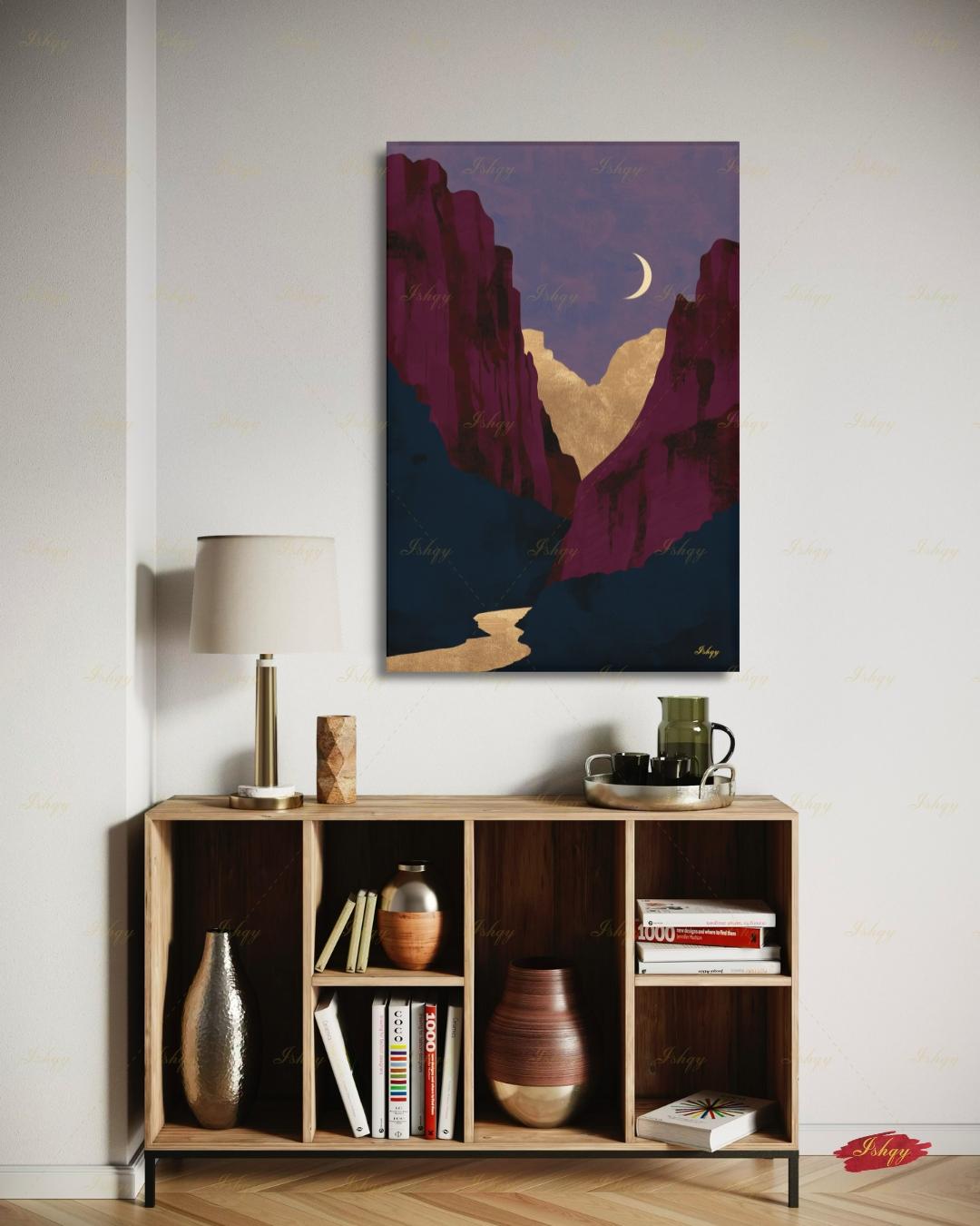 Zion National Park Canvas Wall Art, Magenta Gold Moon Canyon Framed Canvas Print, Modern Minimalist Desert Landscape Painting, Living Room Decor. Zion wall art, Zion print, national park print, Utah wall art, canvas wall art, art print, framed canvas print, southwest decor, magenta gold decor, modern landscape, crescent moon art, living room decor, nature lover gift